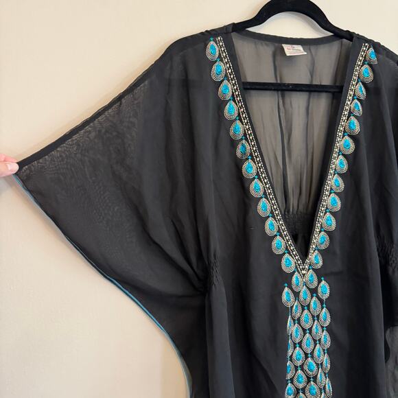 La La LeeLa Kaftan Cover Up Swimwear Dress OS Black Blue Teardrop Embroidered - Picture 6 of 8